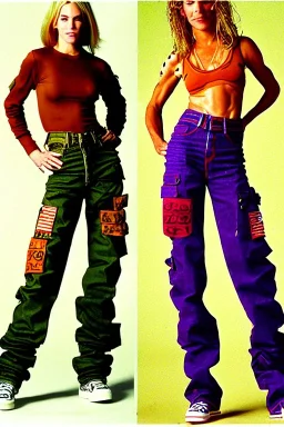 year 1997 denim fashion, "combat pants", cargo, Loose fit, low waist, baggy. Colors: denim blue, blue, purple, khaki, light green, lilac, plum, orange, terracotta, red, pink, dark blue, beige. Patterns: cheetah, balls, stripes. Women models. Sharon Stone, Sandra Bullock, Winona Ryder, Milla Jovovich, Big tennis shoes on. Latex in small part, areas, clothes..Combat pants. Leg warmers.