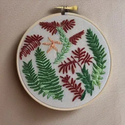 ferns in embroidery hoop, intricate, detailed, delicate