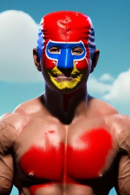 realistic image of joe biden as a mexican wrestling fighter posing, Mexican eyes wrestling mask, red and blue breeches, retro style, 80s, vibrant color, highly detailed, sky background, concept art, unreal engine 5, god rays, ray tracing, RTX, lumen lighting, ultra detail, volumetric lighting, 3d, finely drawn, high definition, high resolution.