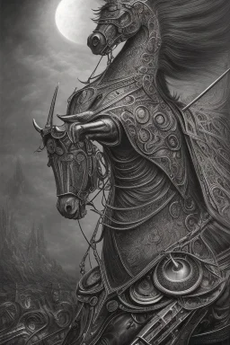 sauron on horse by h r Giger, Tim burton, junji ito, dystopian surrealism, dark horror fantasy, hdr, artstation intricate details, demonic, dark art, dark noir, neoclassical gothic horror