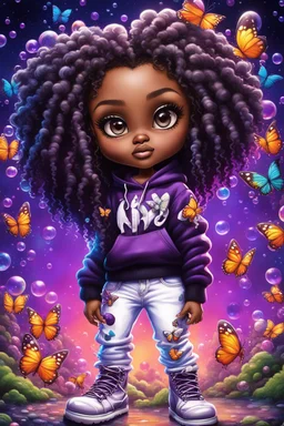 Create an vibrant psychedelic oil painting image, airbrush, 48k, cartoon art illustration of a chibi cartoon black female thick curvy wearing a cut of black purple and white hoodie and white jeans and timberland boots. Prominent make up with long lashes and hazel eyes. Highly detailed shiny sister locs. Background of a large bubbles and colorful butterflies all around her. she sits on a music note