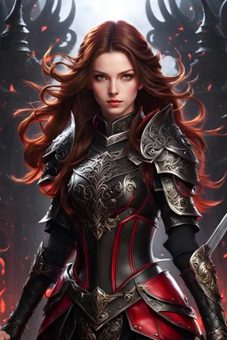 full body picture of a young woman with long brown hair, fantasy, dark, wearing black and red leather fantasy armor, evil, red eyes, smirk, confident, arrogant, anime, high resolution, hi res, detailed, intricate, fighting, warrior, detailed background, 8k resolution