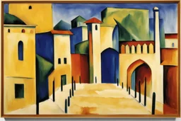 an open gothic_Arab gate in a blue-tiled wall with a view of an old city by artist "August Macke",by artist "Franz Marc"