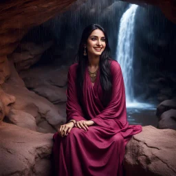 Hyper Realistic Photographic Outside View Of A Gorgeous Pashto Girl (Wearing Simple Burgundy Colored Dress & Wearing Plain Pink Dupatta On Her Neck) Happily Sitting & Smiling Boldy In A Cave & Showing Her Long Black Hair With Waterfall View Outside, With Heavy Rain Outside Cave At Dark Night Showing Dramatic & Cinematic Ambiance.