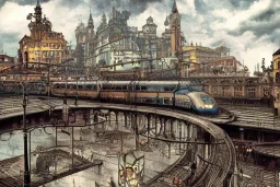 Train station +Colourful cityhGotham city+old lamp+Bar and garden on High Bridges across Skyscraper river+canals+Gothic village+European Metropolis on sea+naples alley+Torino square+trieste canals+victorian London+decòpunk Skyscraper+ +steampunk+biopunk+alphonse mucha, greg rutkowski, matte painting, cryengine, hyper detailed, felix kelly, fantasy art, seb mckinnon