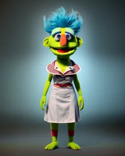 hybrid character, waitress britisn woman with monster muppet mask that covers her entire head, yellow pop, short shirt, old school tattoo, retro style, Sesame Street style, neon, smooth, unreal engine 5, god lights, ray tracing, RTX, lumen lighting, ultra detail, volumetric lighting, 3d.