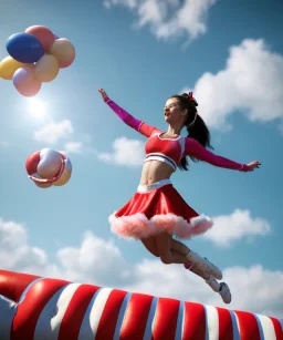 Ultra realistic speed clouds sky scene, wide angle view, cheerleader teenager falling down with many Children background, inflatable monsters, circus dress style, feather color, free jumping flying, many trinkets, hair monster, many jelly beans, balls, color smoke, smile, happy, extreme, wind, clouds sea, 20,000 feet altitude, stratosphere, soft color, highly detailed, unreal engine 5, ray tracing, RTX, lumen lighting, ultra detail, volumetric lighting, 3d, finely drawn, high definition.