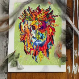 A sticker design in a minimalistic style featuring a caricature lion in vivid colors. The subject is presented alone on a neutral background.