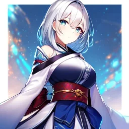 girl, masterpiece, best quality, volumetric lighting, detailed outfit, perfect eyes, silver hair, cyan eyes, obi,