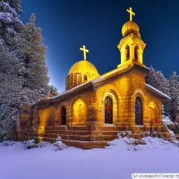 Greek Orthodox Church, decorated with intricate stone carvings, on a snowy night, golden crosses on tops, white light inside, many different color Northern lights and Full Moon over Mountains, 10 second long exposure, highly detailed, ultra reallistic oil on canvas, cinematic lighting, colourful,long exposure, good atmosphere, by Jacek Yerka, Thomas Kinkade, Caspar David Friedrich