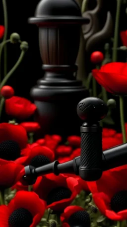 A small wooden hammer near a black pistol, red lipstick in a dark garden filled with red poppies.Cinematic and realistic image