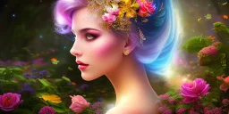 bright fairy, beautiful portrait, flowery landscape