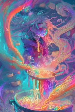 magic noodle soup that is a portal to another dimension with lots of colours and dust girl effects, by addie digi