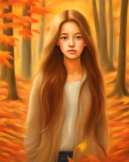 A young girl with long hair and autumn clothes in the autumn forest, beautiful portrait painting style, oil pastel painting, by Thomas Kinkade