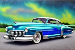 a true-to-life 1949 Mercury Eight, classic wheels, pen and color marker, centered, intricate, extreme detailed, photorealism, center view, drive-in background, pivot on mercury, painting by cheryl kelley