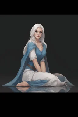 Dnd character on her knees. A female Aaismar twilight cleric with white hair and blue eyes, wearing gray robes. Etreal, beautiful, sexy, off shoulder dress