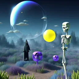 The Grim Reaper and the Skeleton on bubble world, discussing the future of the universe, art by Magritte and Pixar