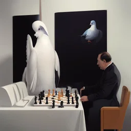 Putin, President Xi Of China And Joe Biden Play Chess With A Pigeon,Ufo And Atomic Bomb Mushroom Cloud,Complex Surgical Instruments Intermixed With A Newborn Boy,Minimalism,Painting By Adrian Ghenie,Rene Magritte,Pablo Picasso,Michelangelo,Salvador Dali,Lucian Freud