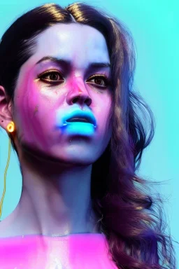 Ultra Realistic image, Rosalía artist, waist up portrait, black eye line, angry face , gold pink and blue geisha style, spray line make up, geometric, led lights, neon, rings piercing, led ornament, fog, bubble latex coat, vibrant color, highly detailed, art stations, concept art, smooth, unreal engine 5, god rays, ray tracing, RTX, lumen lighting, ultra detail, volumetric lighting, 3d, finely drawn, high definition, high resolution.