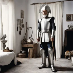 jean Rochefort standing in his bedroom as the don quixote of pablo picasso: he is foutraque, in half silver armour, a painted kabyle pot on his head, sandals on his feet, executing a sally walk