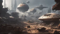 futuristic sci-fi clearing in a scrap yard for spaceships, surrounded by broken and rusty space ships and buildings from ground level, star wars