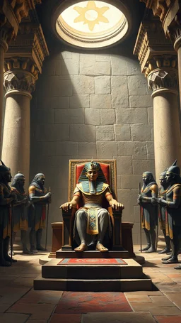 Bosch painting style inside an Egyption ancient castle with pharaoh sitting on a throne surrounded by his guards