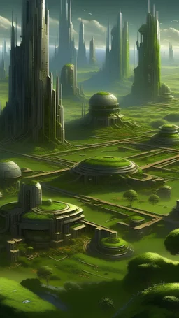 sci fi city, star wars inspired fortress, grassy, busy city