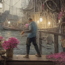 Insanely detailed photograph of an “artexture plans fisherman on a dock” with intricate detailed of natural lighting, intricate embroidered band of ceiling candles, hyperdetailed painting by Ismail Inceoglu Huang Guangjian and Dan Witz CGSociety ZBrush Central fantasy art album cover art,8K, hdr, romantic, mysterious, ominous, flowers, jewelry, steam,oil,cafe,street vendor,steamship,D&D