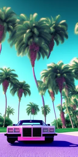 1980's aesthetic vaporwave palm trees with spheres and car 8k