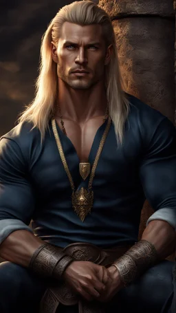 handsome warrior king, muscular, long blonde hair, male age 30, wearing jeans and a white shirt, tan skin, tattoos, jewels,photorealistic 4k dark fantasy