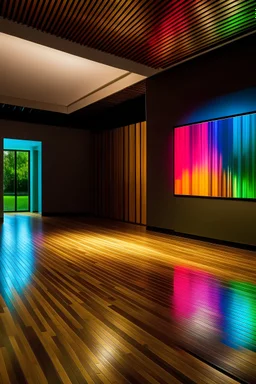 empty museum of digital art installation with big colorfull screen and wood floor