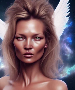 face,angel, Kate moss, man, woman brunette, smile, beautiful place,amazing, cosmic, colors, planet, gold,Flower, realistic, photo real, stars night, detailed, high contrast, 8k high definition, unreal engine 5, extremely sharp detail, light effect, light background