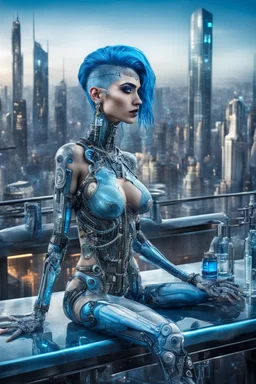 A beautyful biomechanical woman with tranparent glass body and blue hair, sitting in the cyberpunk rooftop bar in futuristic city, intricate details, HDR, beautifully shot, hyperrealistic, sharp focus, 64 megapixels, perfect composition, high contrast, cinematic