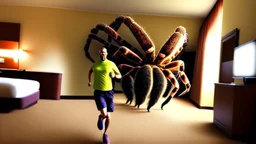 AN adult running in hotel room from a giant tarantula