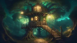 treehouse merged into tree. fairy tale world, magical beasts, dense forest, high resolution, night , tree bridge,