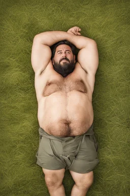 aerial top view half figure shot photography of an ugly 35 year old chubby robust burly turkish carpenter , relaxing in the meadow, , hands behind the head , wearing bulging shorts, shirtless, hairy chest, manly chest, manly legs, serious, very virile, short beard, shaved hair, under the rain, wet, in a rainy day, photorealistic