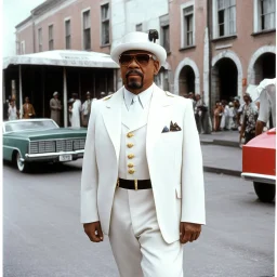 [Voodoo movie by Wes Anderson] Ice-T Fin Tutuola as colonel sanders in new Orlean, vintage 1970's photo