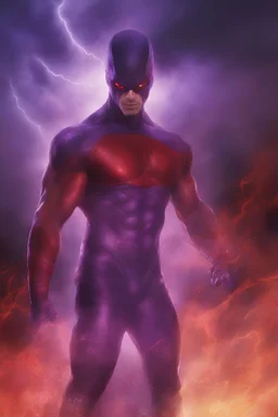 ((foggy, cloudy background, multicolored lightning, flowing lava, Full Eclipse, aliens, explosions, bright, vibrant, extremely colorful, detailed, blood red skies)), Kent Walker aka THE PHANTOM, Strong, athletic physique, action poses, wearing a skin-tight, formfitting purple bodysuit with a skin-tight, formfitting purple cowl, black eye disguise, black utility belt and double holstered pistol belt, black knee-high boots, glowing white eyes, battle scars, blood,