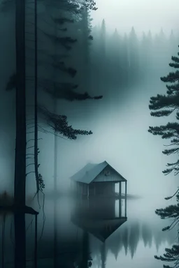 lakes overlooking a cabin in a pine woods misty