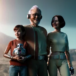 Ultra Realistic home family portrait. father. mother. daughter. alien pet. assistant robot. retro futuristic, star wars style. smile, happy. highly detailed, concept art, unreal engine 5, ray tracing, RTX, lumen lighting, ultra detail, volumetric lighting, 3d, finely drawn, high definition, high resolution.