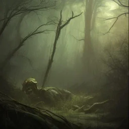 franz frazetta style, zombie lurking in the forest clearing, night