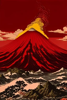 A red volcano with chaotic fire painted by Katsushika Hokusai