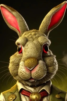 Portrait of a humanoid rabbit with a cigar in his mouth and scars on his face