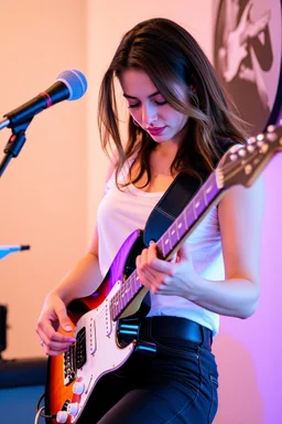 attractive woman playing an electric guitar