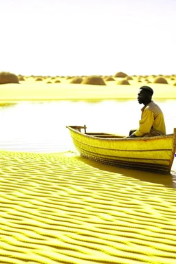 African man , rowing small boat in desert sand