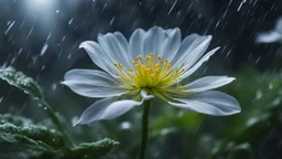 close-up of a fragile flower in a storm. in flower forest at night, perfect composition, hyperrealistic, super detailed, 8k, high quality, trending art, trending on artstation, sharp focus, studio photo, intricate details, highly detailed