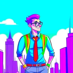 old school cartoon style character gay man wearing pride flag clothing nice background city view facing camera