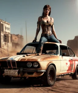 Realistic image. Portrait. Mad max car. Sweet pretty woman in the foreground. BMW 4 series. 4k resolution, intricate details, ornate details, soft lighting, vibrant colors, mad max background