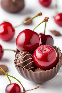 macro photo two stunning cherry Chocolate bonbon together big red cherry, cherry, white background intricate detailed, sharp focus, macro photography, photorealistic concept art, perfect light, studio photo, food photo, award winning photograph, perfect composition Professional photography, bokeh, natural lighting, canon lens, shot on dslr 64 megapixels sharp focus