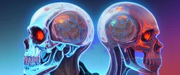 multiple glass human skulls, high temperature, glowing blue on the bottom, glowing red on the top, large blue red and orange flame coming from under and behind hovering in high in the sky, contrasting colors precisionism psychedelic art surrealism street art digital illustration wet wash 64 megapixels 8K resolution 8K resolution telephoto lens telephoto sharp focus Unreal Engine 5 VRay radiant retro futuristic galactic